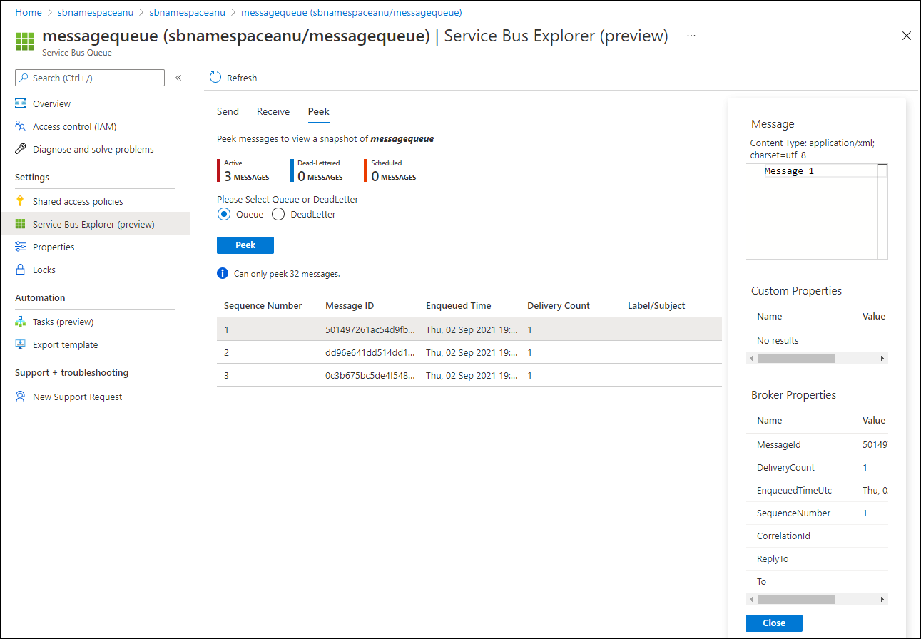 Service Bus queue content in Service Bus Explorer