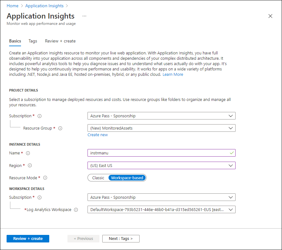 Create an Azure Application Insights instance blade