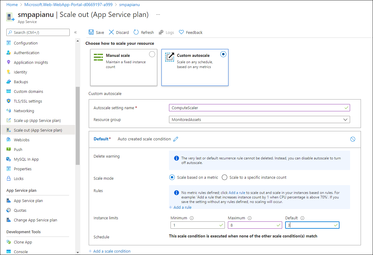 Default scale condition on the Azure web API blade