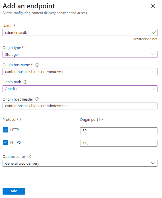 Screenshot displaying the configured settings in the Add an endpoint dialog box.