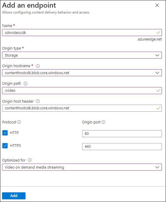 Screenshot displaying the configured settings in the Add an endpoint dialog box.