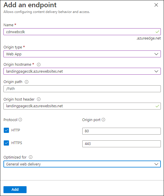 Screenshot displaying the configured settings in the Add an endpoint dialog box.