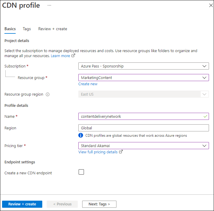 Screenshot displaying the configured settings on the Create CDN profile blade.