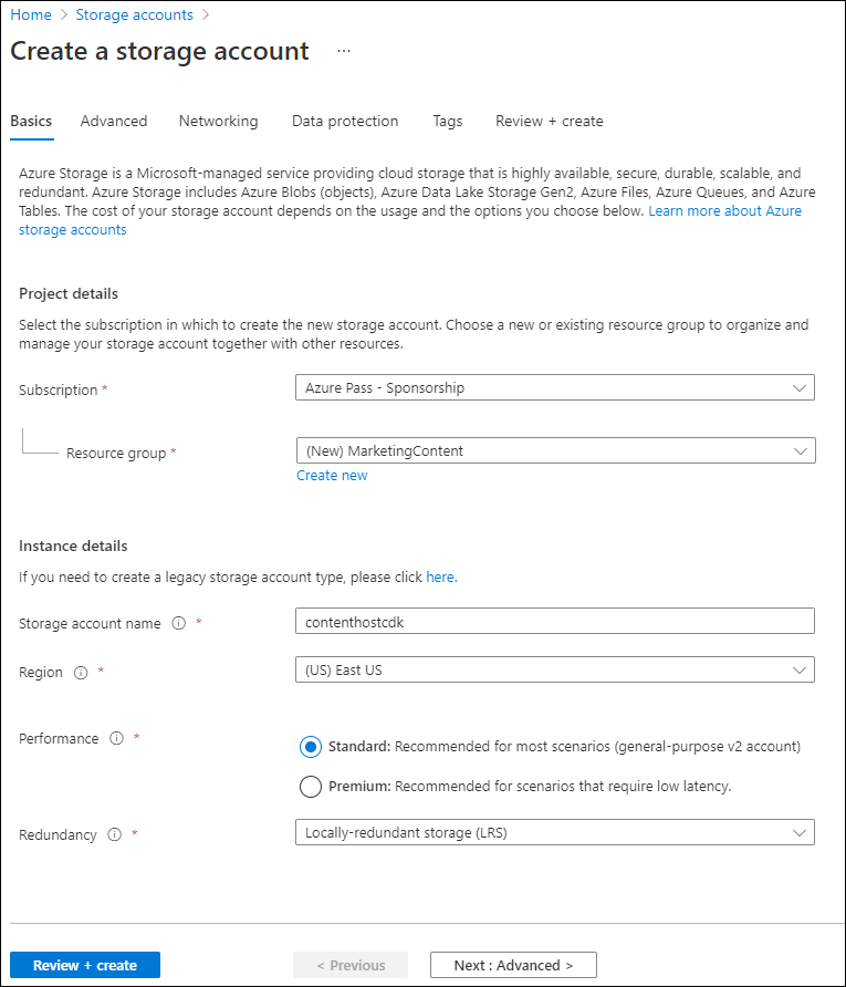 Screenshot displaying the configured settings on the Create a storage account blade