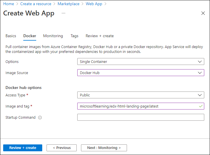 Screenshot displaying the configured settings on the Create Web App - Docker Tab