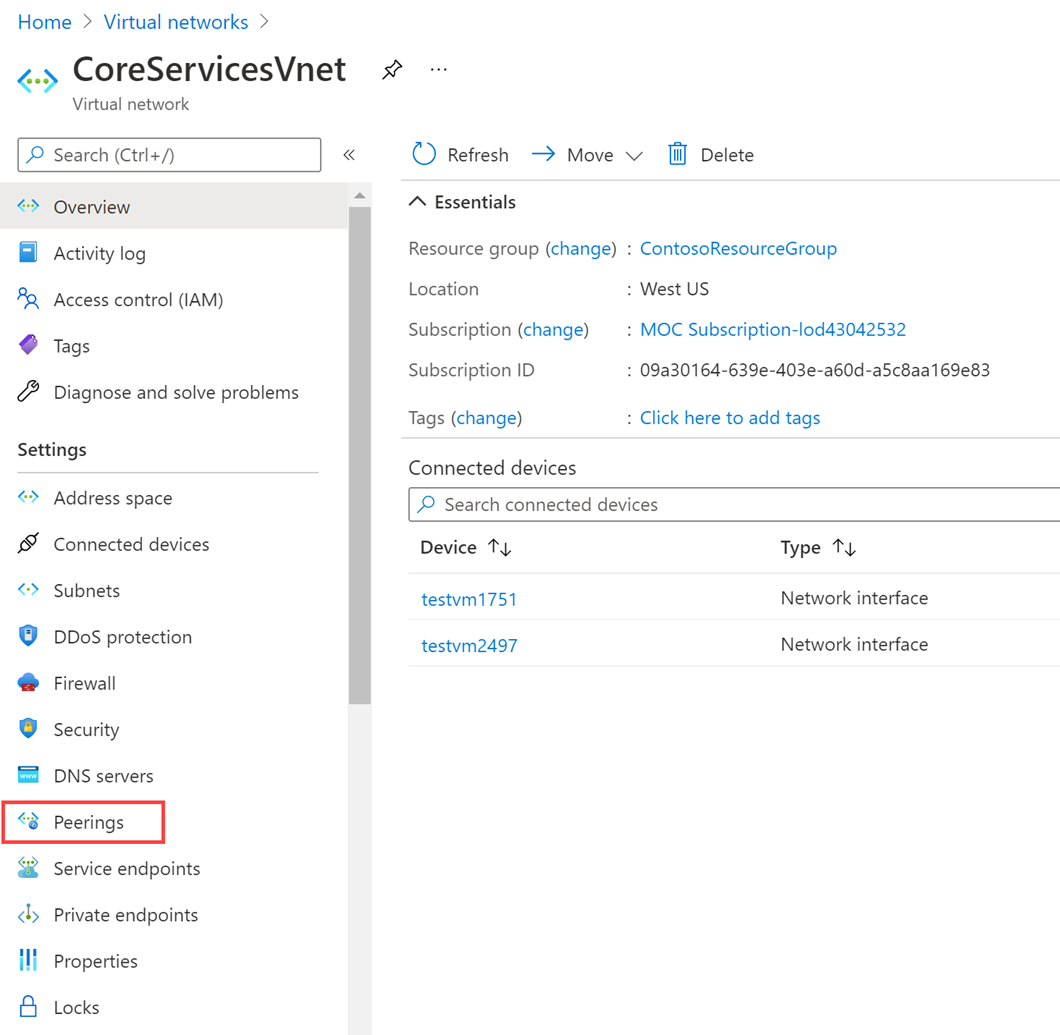 Screenshot of core services VNet peering settings 