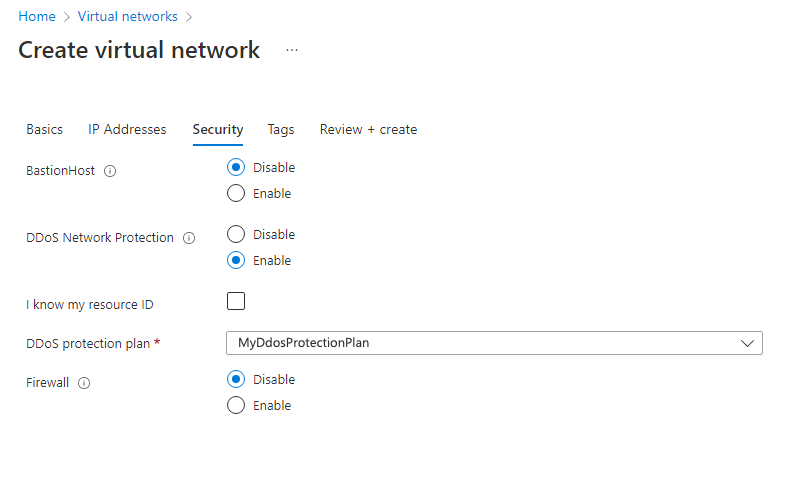 Create virtual network - Security tab