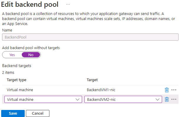 Azure Portal add target backends to backend pool
