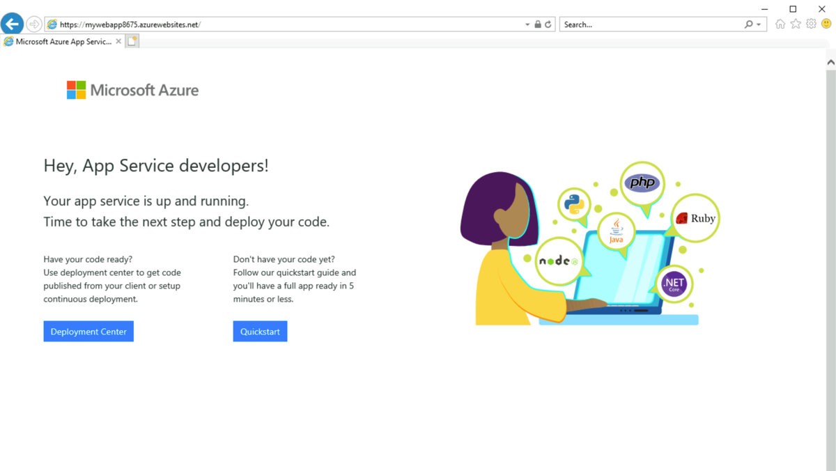 Screenshot of page in Azure indicating an app service is up and running