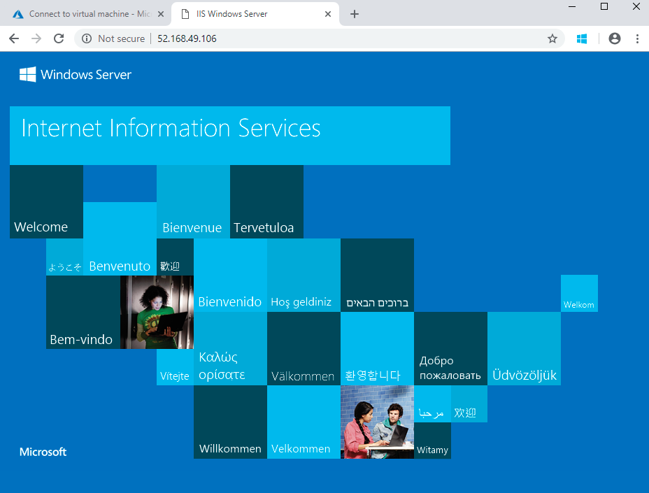 Screenshot of the default IIS web server welcome page being accessed via the public ip address in a web browser.