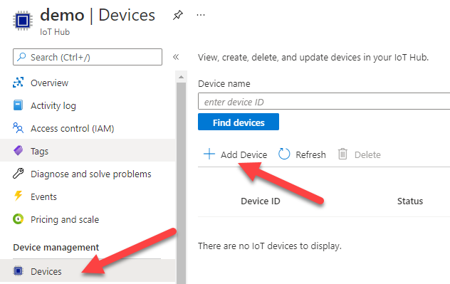 Screenshot of the IoT devices pane, highlighted within the IoT hub navigation blade, in Azure portal. The New button is highlighted to illustrate how to add a new IoT device identity to IoT hub.