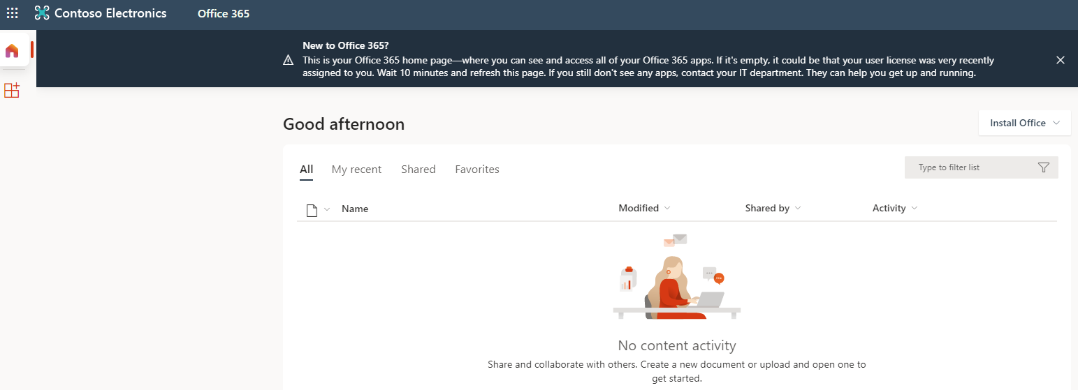 Screen image the Office.com website with Delia Dennis logged in but no office applications are available, because no license is assigned.