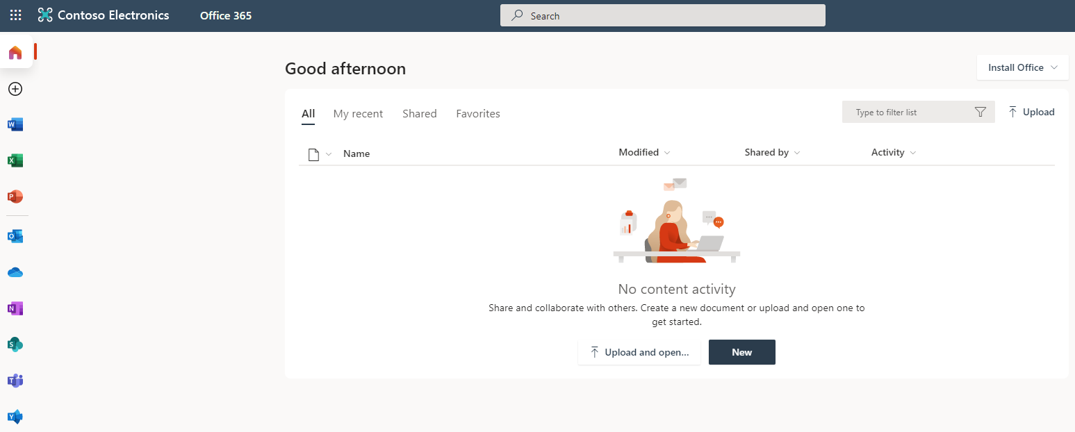 Screen image the Office.com website with Delia Dennis logged in with office applications available, because a license is assigned.