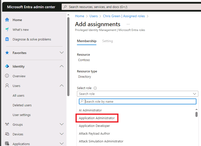 Assigned roles page - showing the selected role