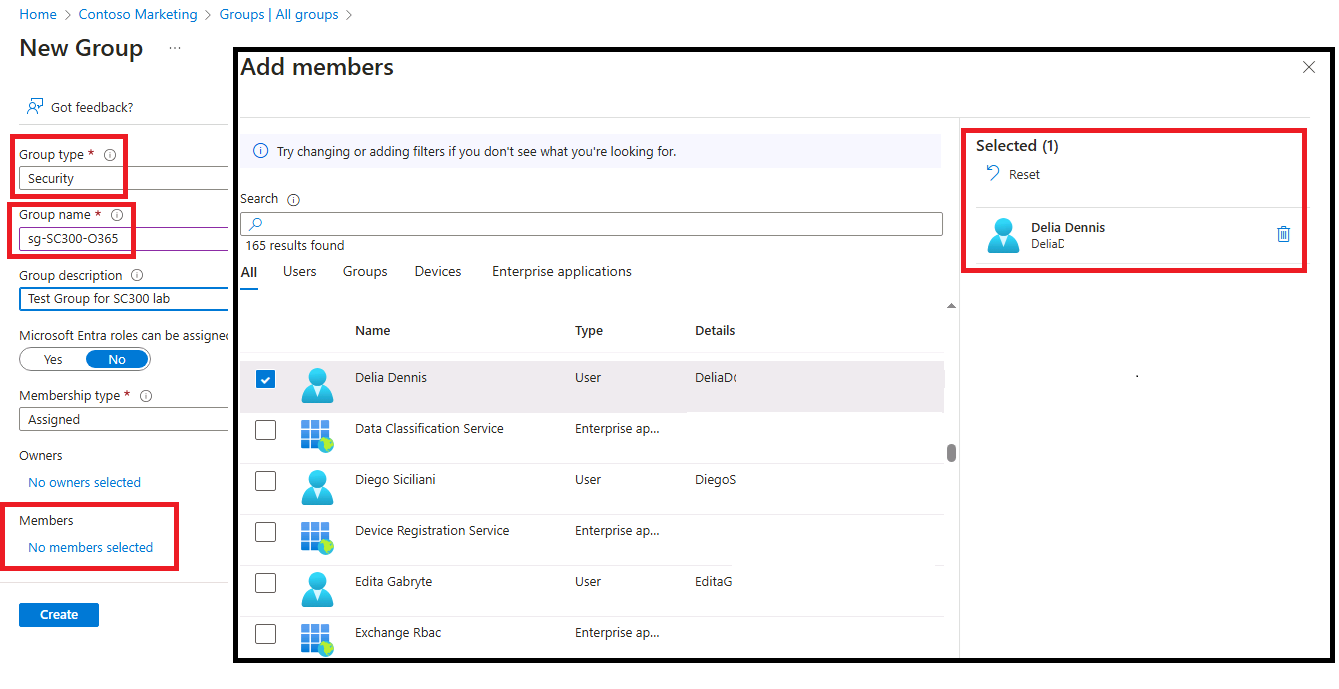 Screen image displaying the New Group page with Group type, Group name, Owners, and Members highlighted