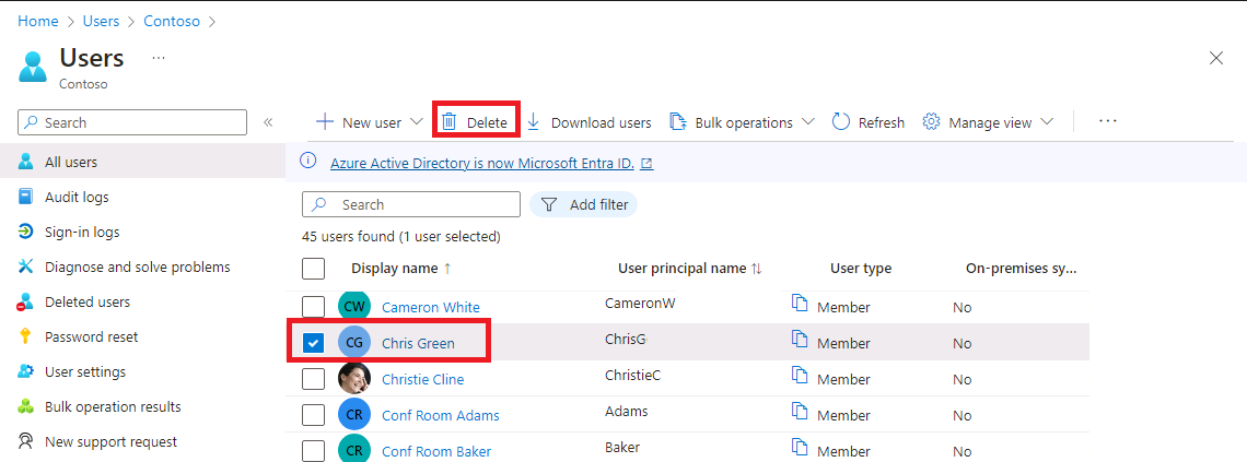 Screen image displaying the All users users list with one user check box selected and another check box highlighted indicating the ability to select multiple users from the list.