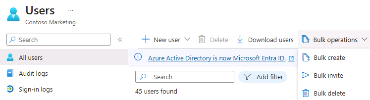 Screen image displaying the All user page with the Bulk operations and Bulk invite menu options highlighted