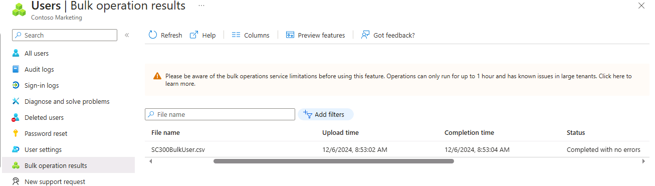 Screen image displaying the results of a bulk operation