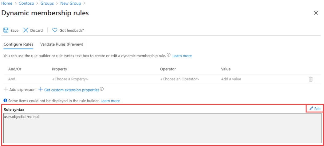 Screen image displaying the dynamic group membership rules page with rule syntax highlighted