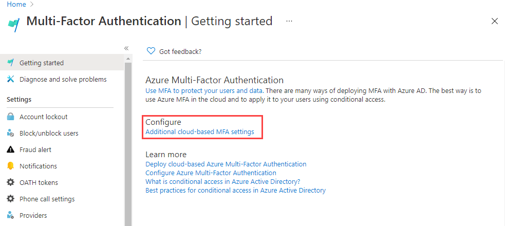 Screenshot showing MFA options in the dashboard