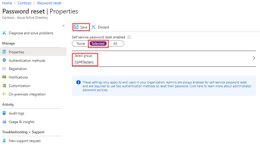 Screen image displaying the Password reset properties page with selected, select group, and save highlighted