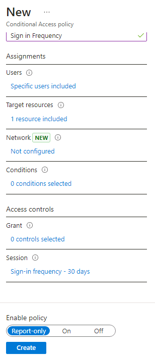 Screen image displaying a new conditional access policy with policy settings highlighted