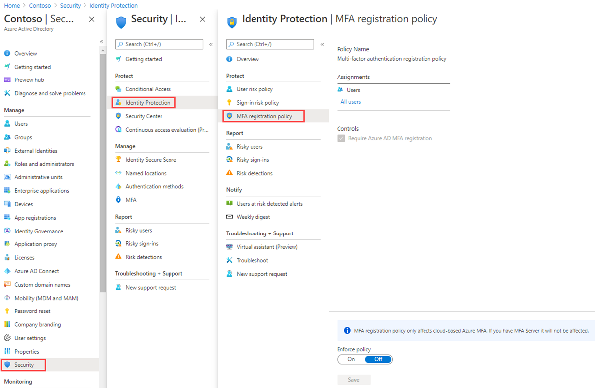 Screen image displaying the MFA registration policy page with browsing path highlighted
