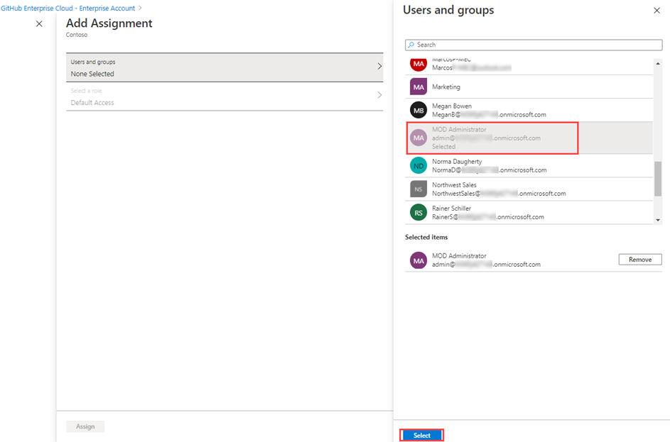 Screen image displaying adding a user account assignment to an app with the Select button highlighted 