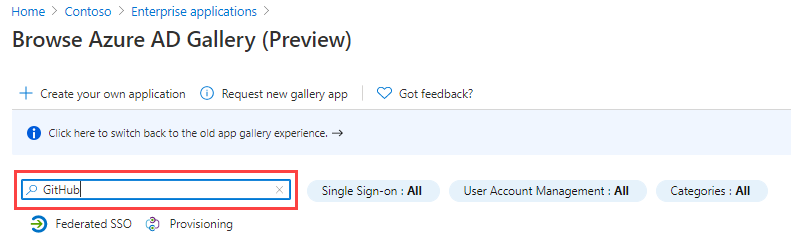 Screen image displaying the Browse Microsoft Entra Gallery page with the search box highlighted