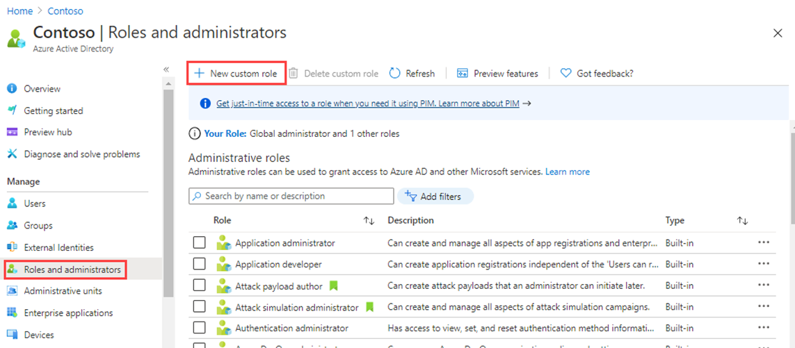 Screen image displaying the Roles and administrators blade with the New custom role menu option highlighted