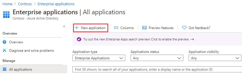 Screen image displaying the Enterprise applications page with New application highlighted