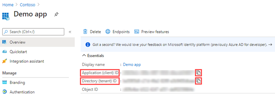 Screen image displaying the Demo app page with the directory ID highlighted