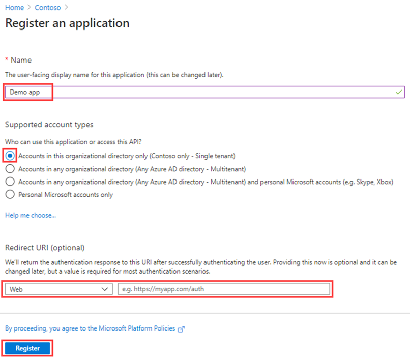 Screen image displaying the Register an application page with the name and default settings highlighted