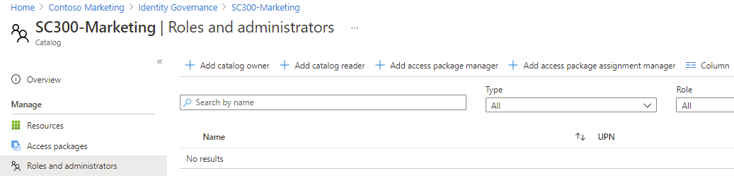 Screen image displaying the Roles and administrators page for the Marketing catalog