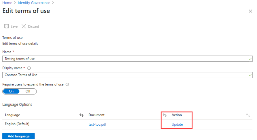 Screen image displaying the terms of use with the update option highlighted