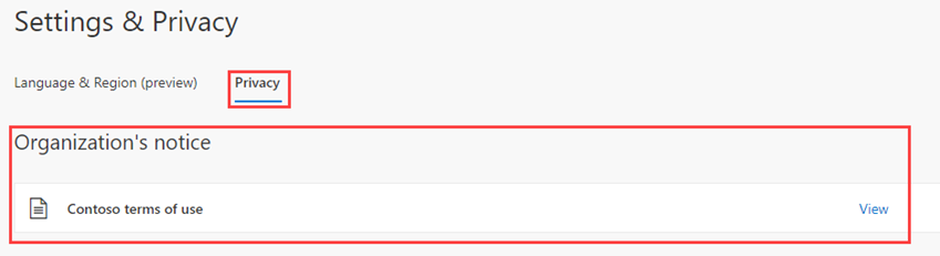 Screen image displaying the settings and privacy page with organization's notes highlighted