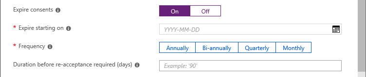 Expire consents settings to set start date, frequency, and duration