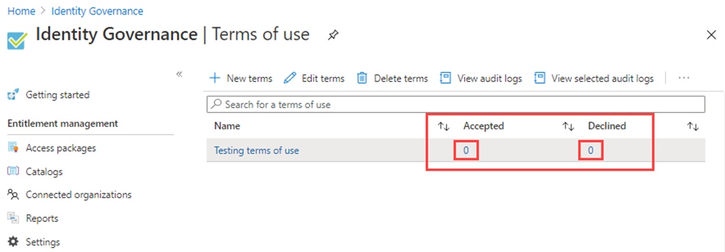 Screen image displaying the terms of use with the Accepted and Declined columns highlighted