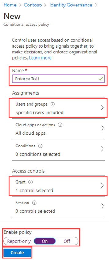 Screen image displaying the conditional access policy with configuration options highlighted