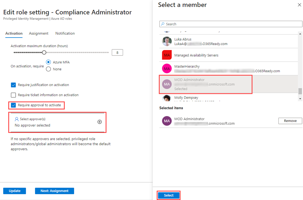 Screen image displaying the edit role settings page and select a member pane with the selected members highlighted