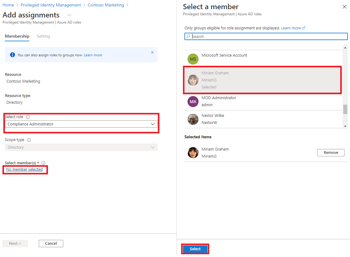 Screen image displaying the select a member pane with a selected member highlighted