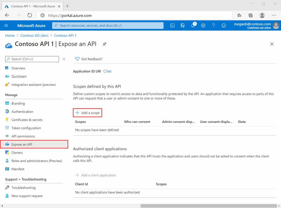 An app registration's Expose an API pane in the Azure portal