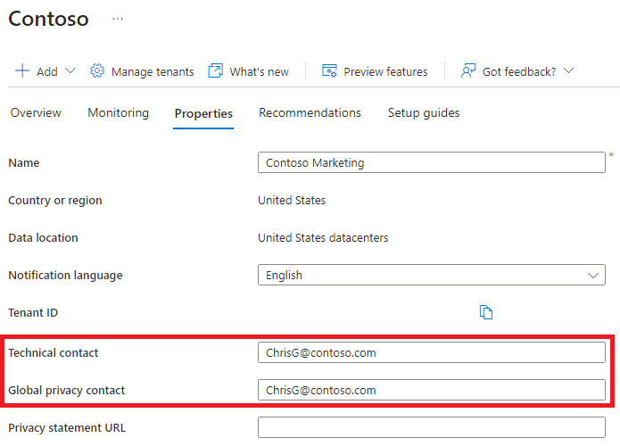 Screen image displaying tenant properties with the Technical contact, Global contact, and Privacy statement boxes highlighted