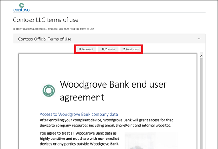 View of terms of use with zoom buttons